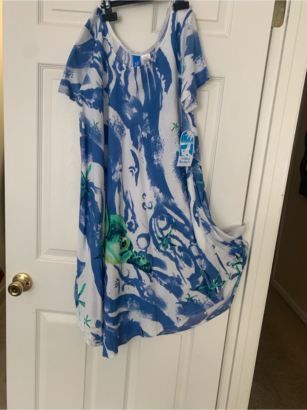 Sea Turtle Print Short-Sleeve Swim Coverup in Blue & Green